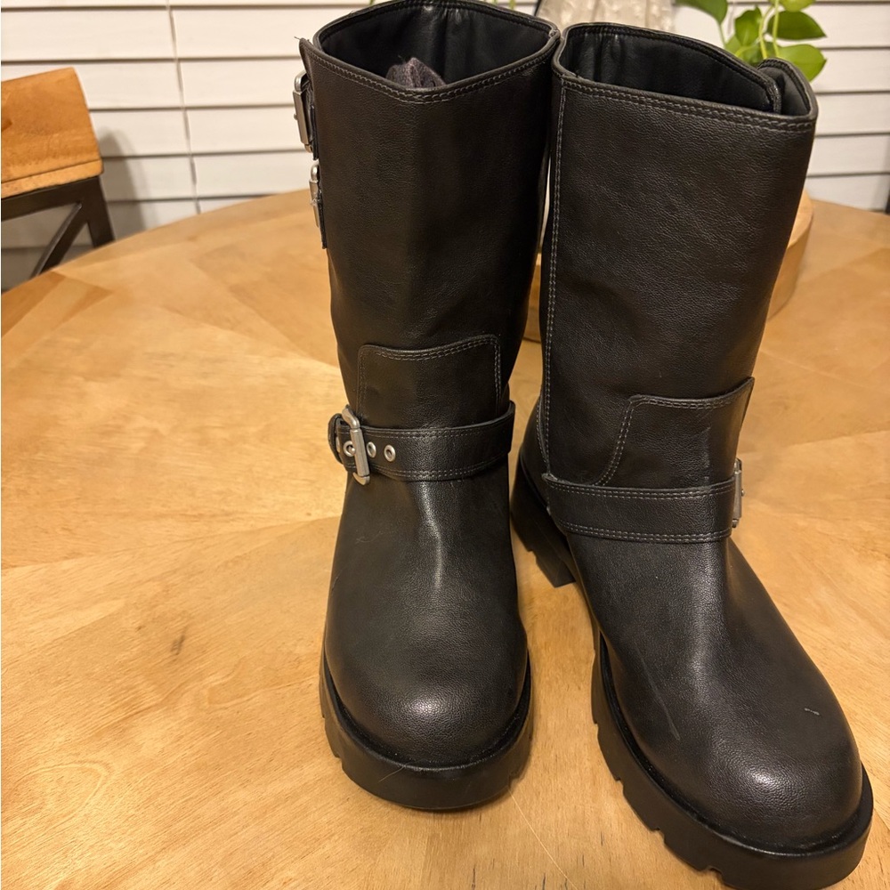 Sincerely Jules Black Moto Boots Faux Leather Engineer Boots mid calf